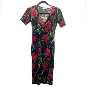 Zara Floral Velvet Bodycon Midi Dress Women's Size Small V Neck Whimsigoth